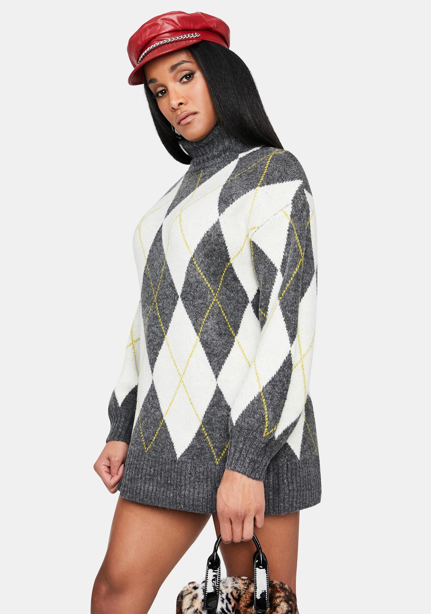 Oversized Argyle Turtleneck Sweater Grey Dolls Kill