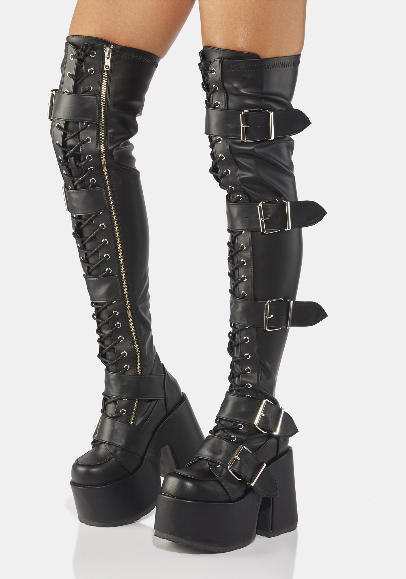 Demonia Camel 305 Thigh High Boots Black Vegan Leather Dolls Kill