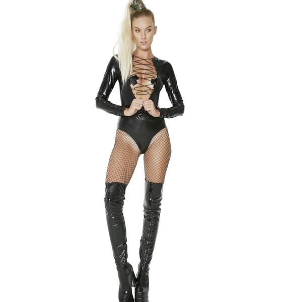 Black Vinyl Lace Up Bodysuit Dolls Kill