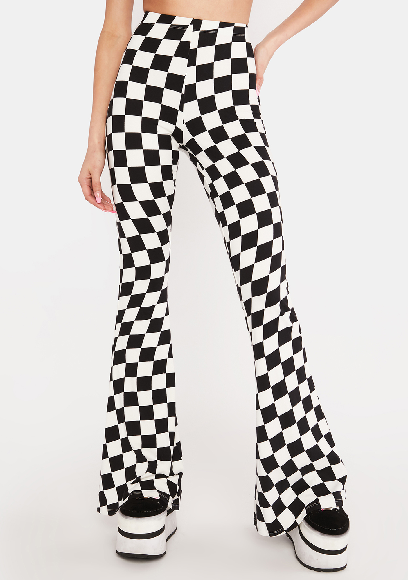 Wavy Checkerboard Flare Pants Black White Dolls Kill