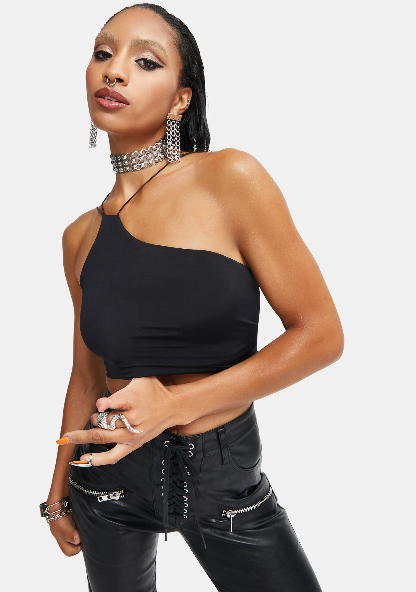 Strappy One Shoulder Halter Crop Top Black Dolls Kill