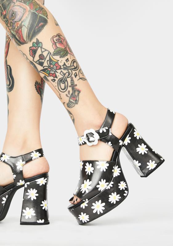 Delia's Black Daisy Print Platform Chunky Peep Toe Sandal Heels 