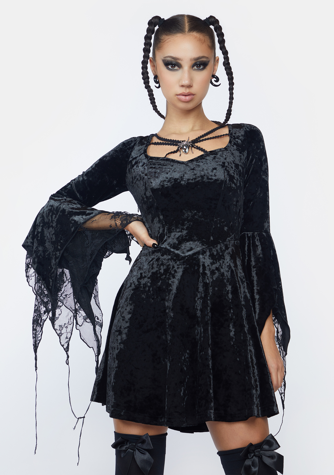 Dark In Love Velvet & Lace Bell Sleeve Mini Dress Dolls Kill