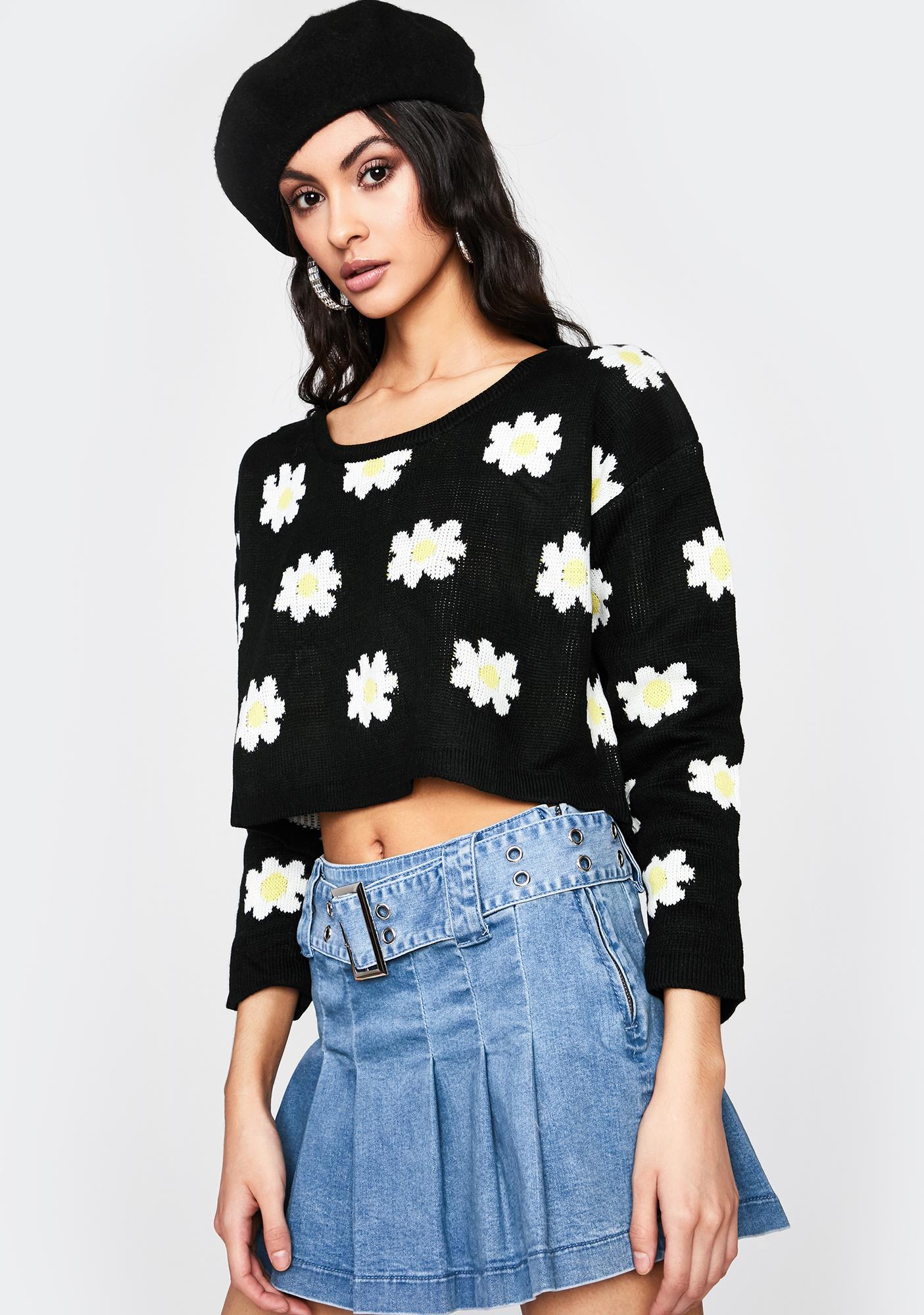 Daisy Knit Sweater Cropped Scoop Neck Floral Black Dolls Kill