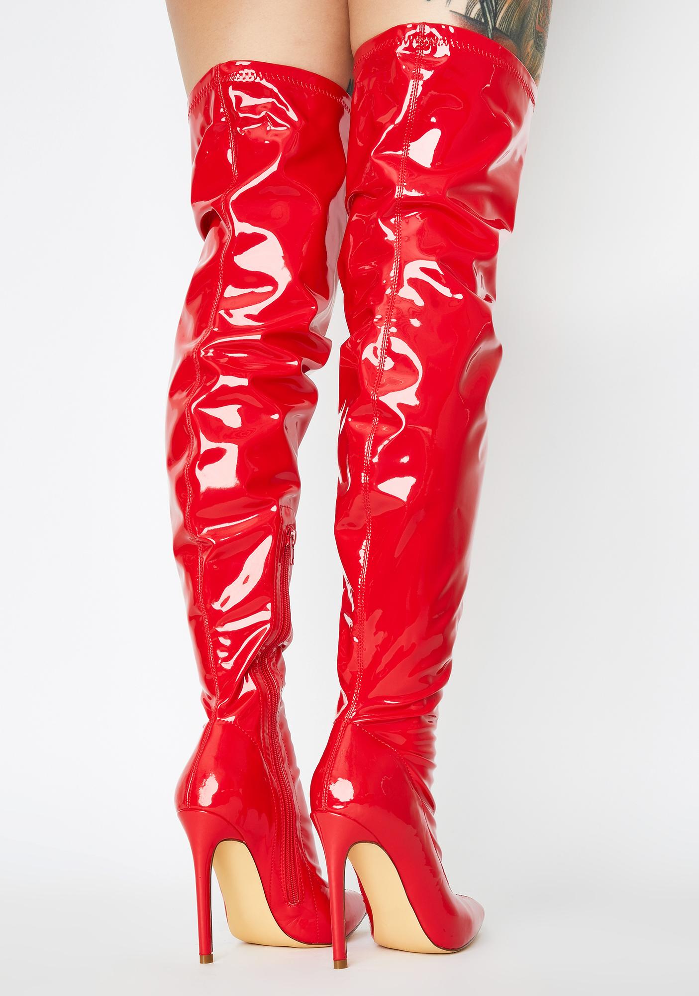 Vinyl Thigh High Stiletto Boots Red | Dolls Kill