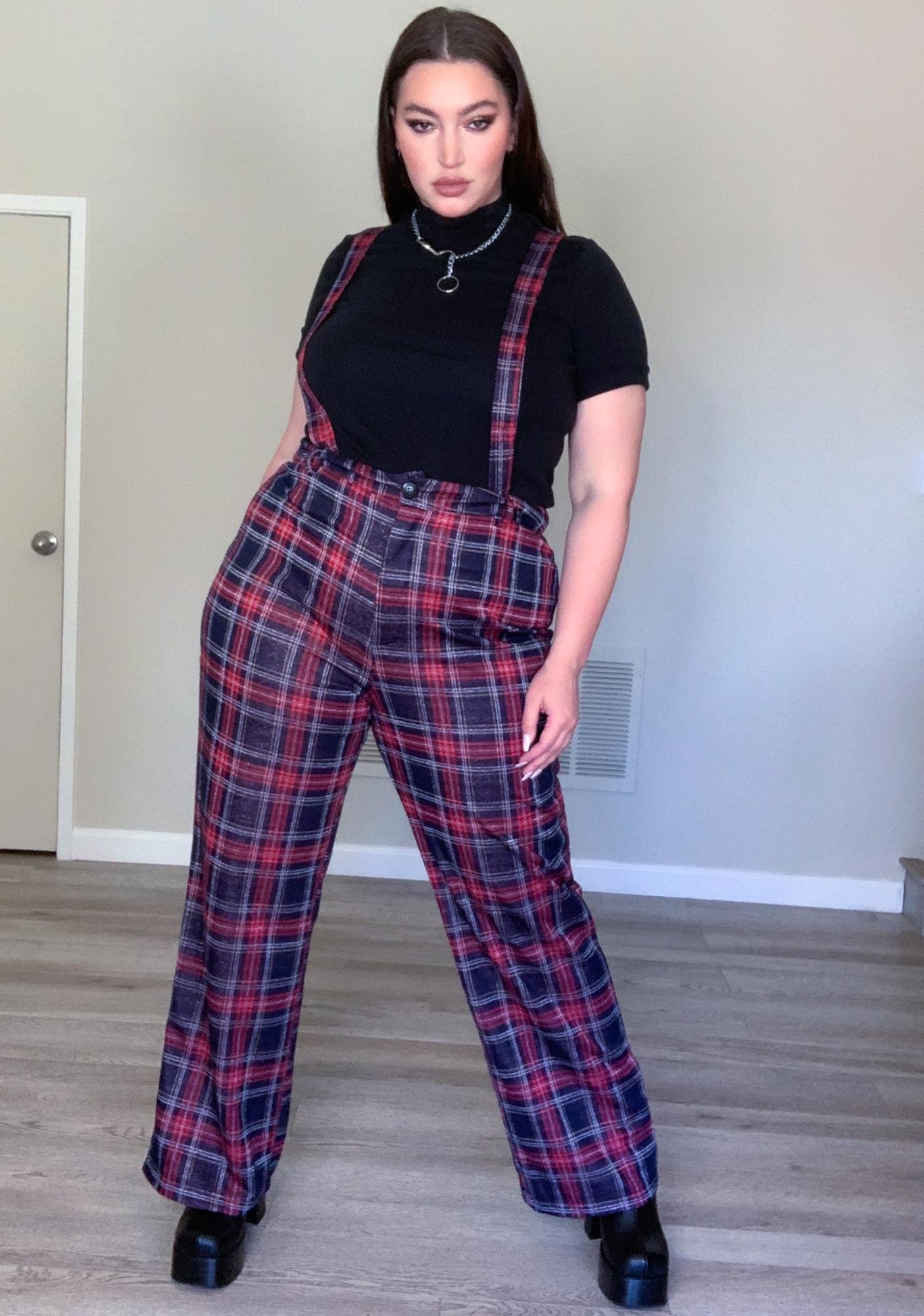 plaid pants with suspenders