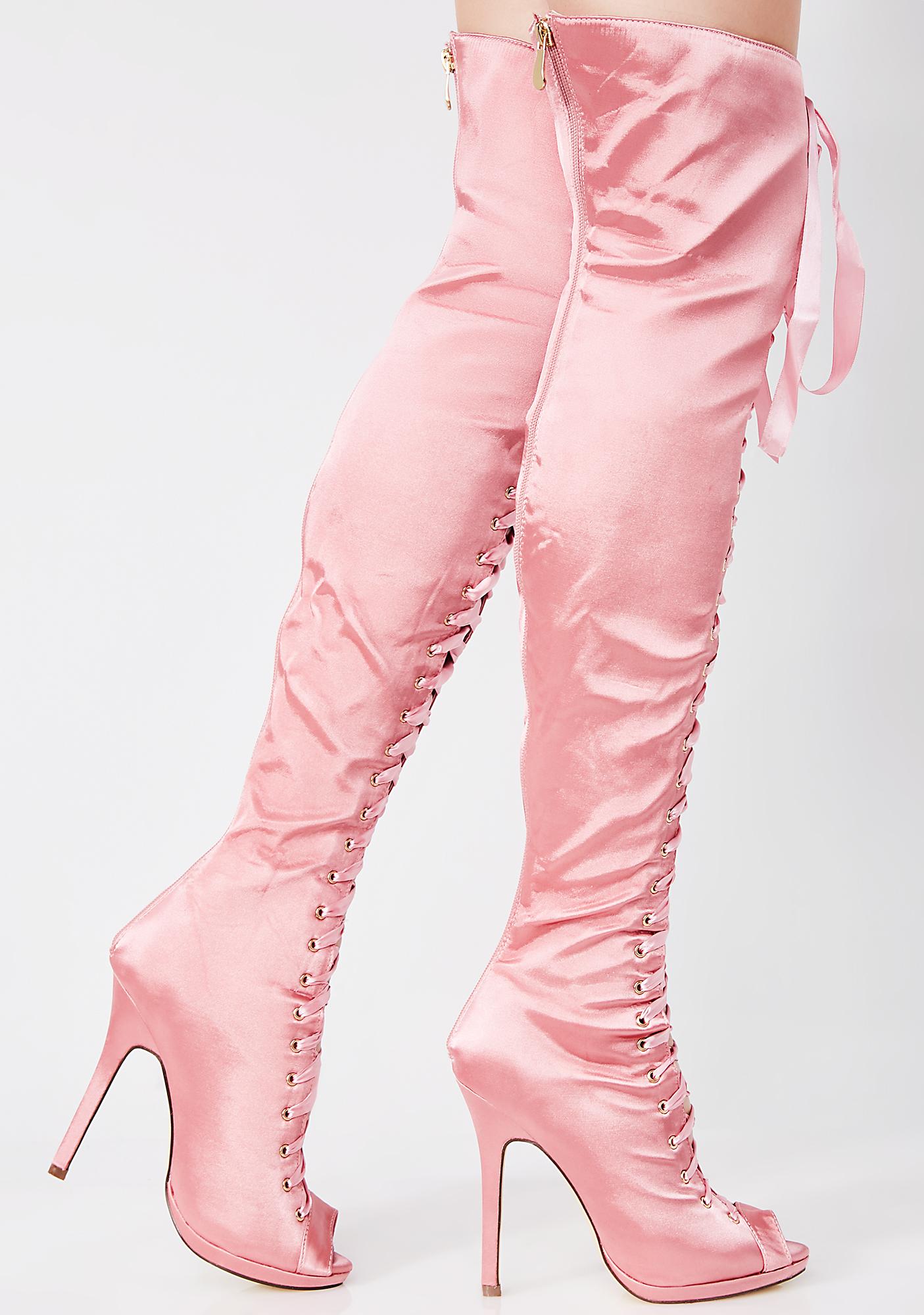 pink lace up thigh high boots