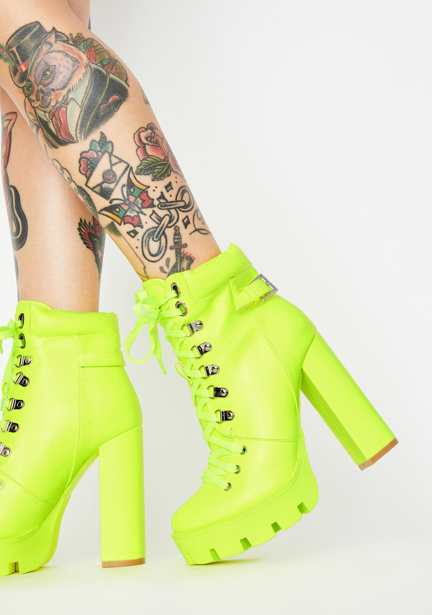Neon Green Vegan Leather Lace Up Boots 