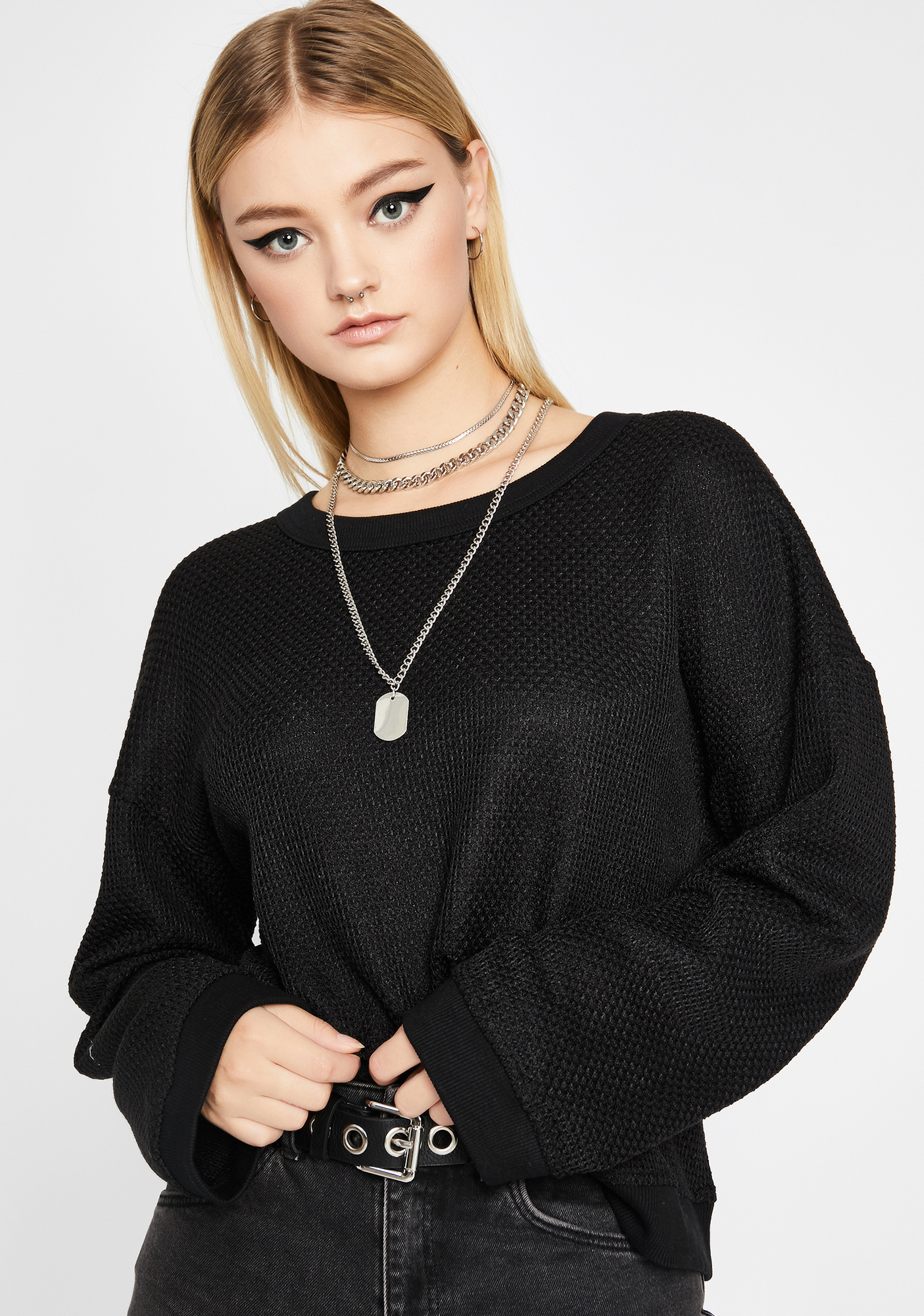 Black Long Sleeve Oversized Basic Crewneck Sweater | Dolls Kill
