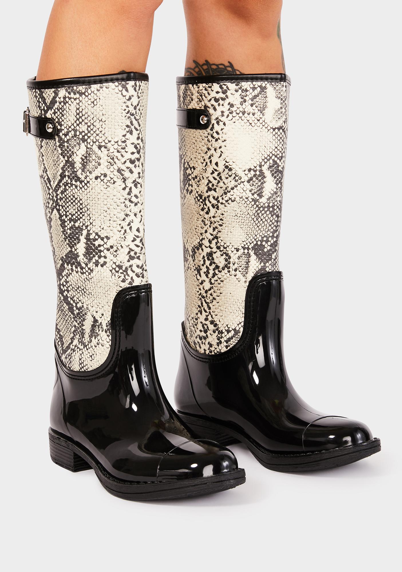 Snakeskin Knee High Rain Boots - Black 