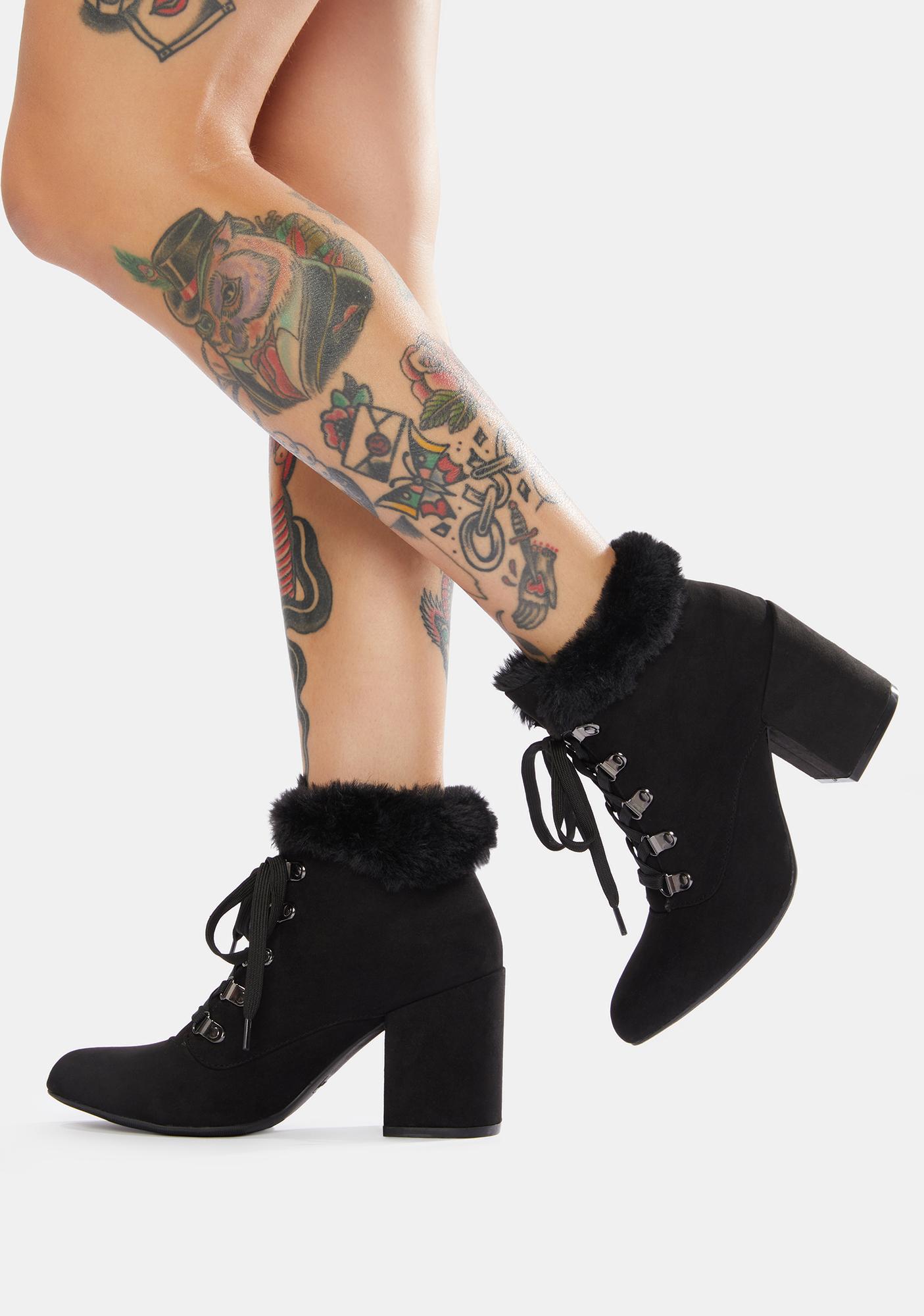Heeled Faux Fur Trim Stacked Heel Booties Black Dolls Kill