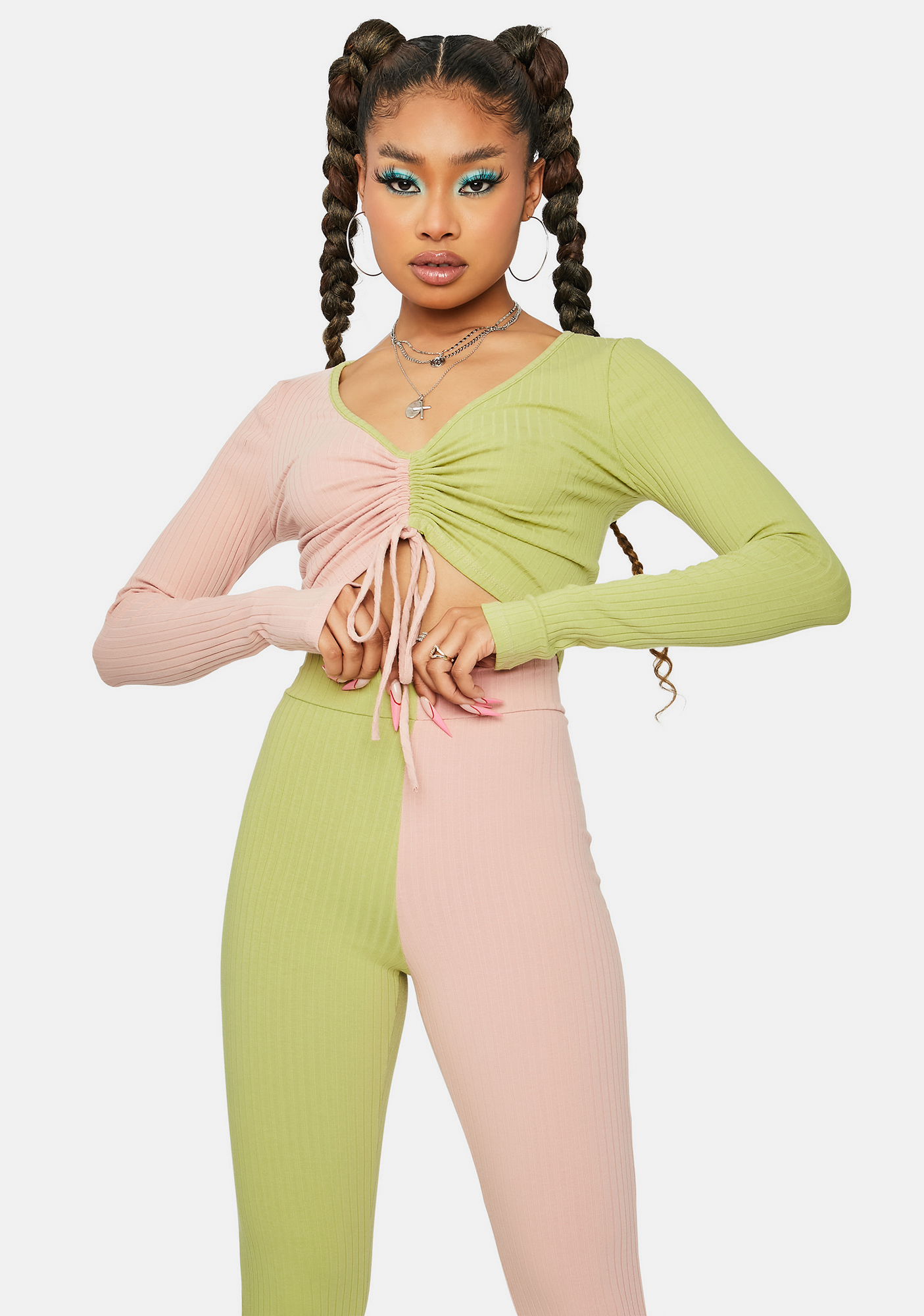 Colorblock Long Sleeve Crop Top And Leggings Set Pink Green Dolls Kill