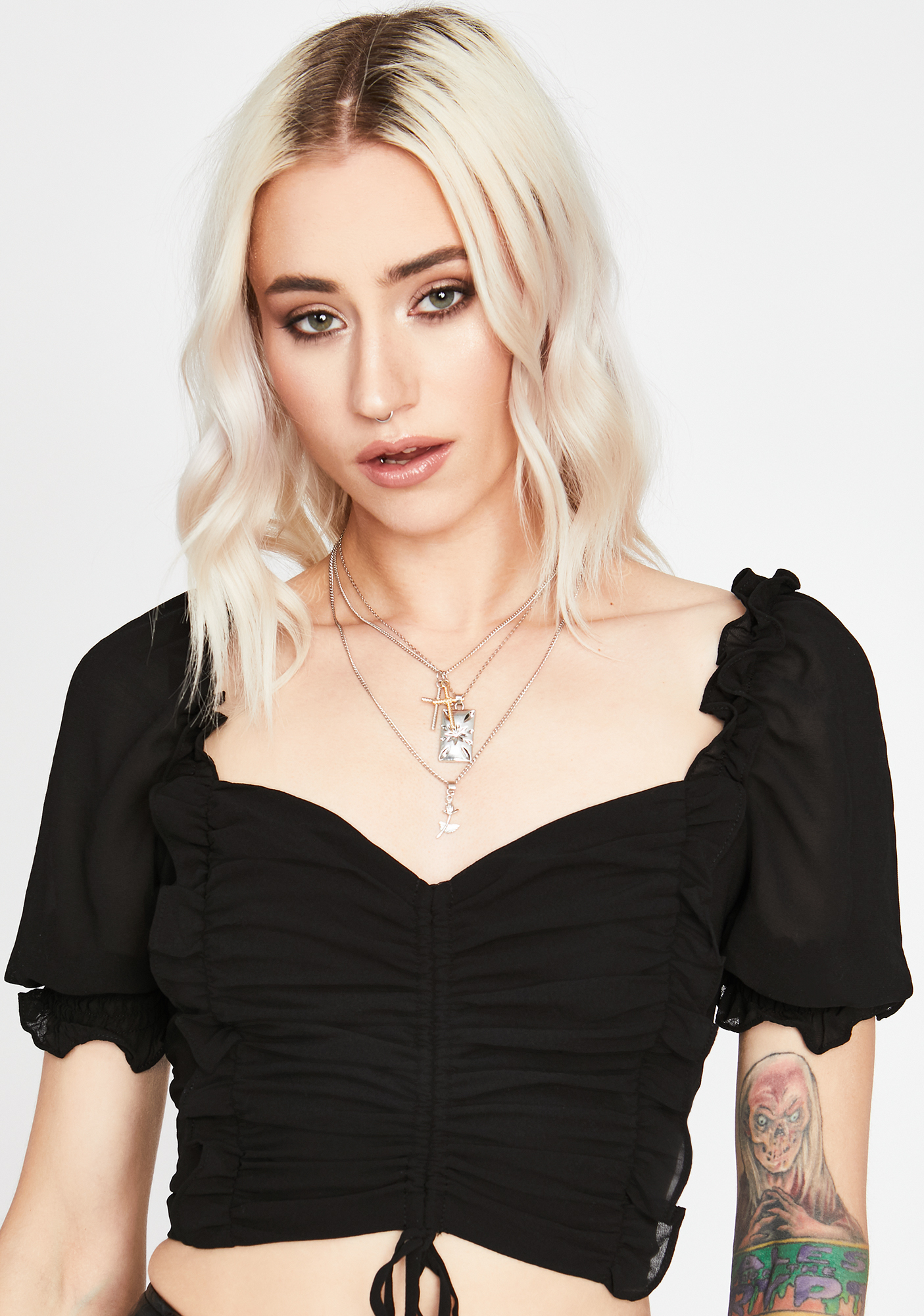 Ruffled Puff Sleeve Crop Top With Sweetheart Neckline - Black | Dolls Kill