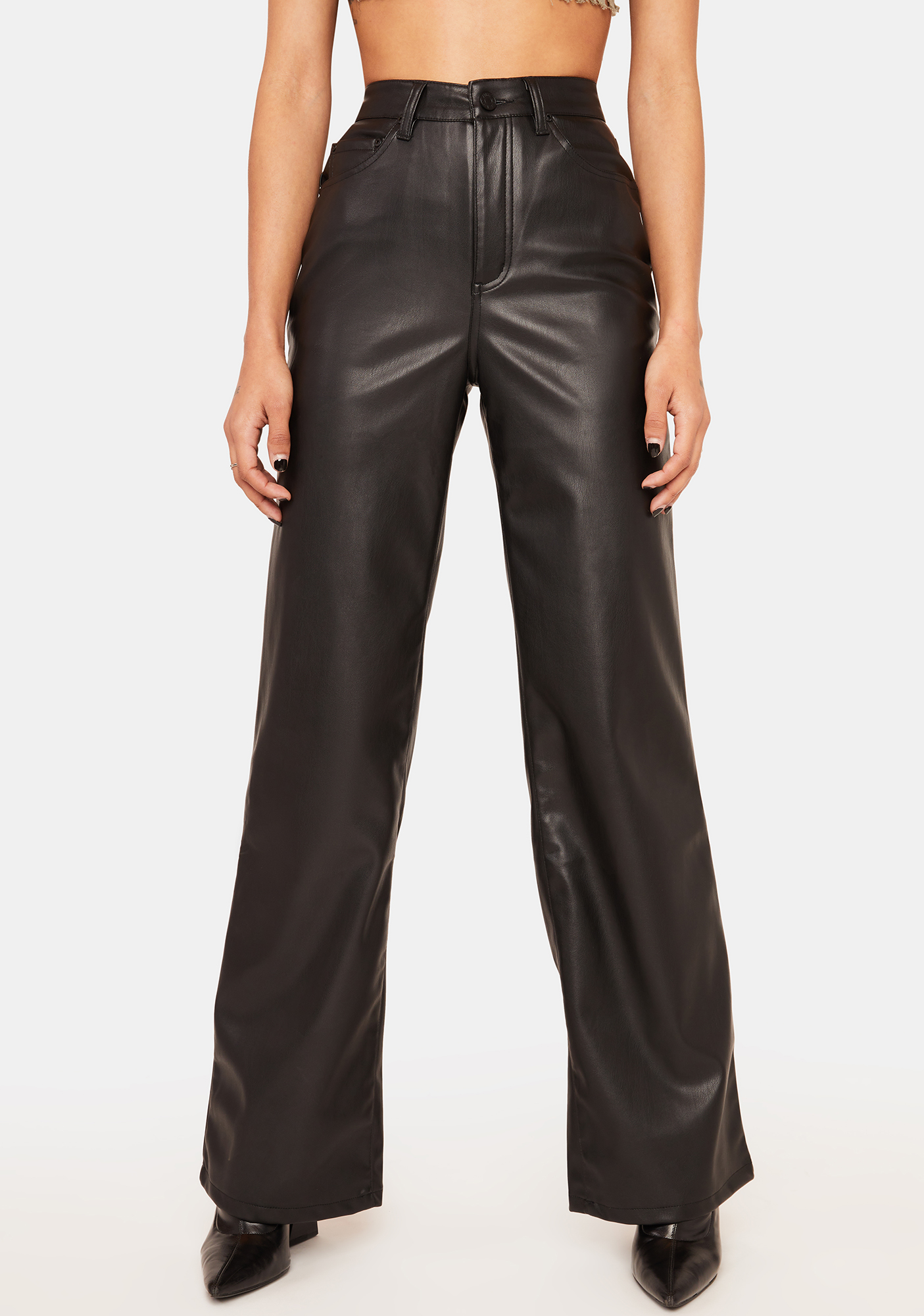 Afrm Vegan Leather Straight Leg Trousers - Black | Dolls Kill