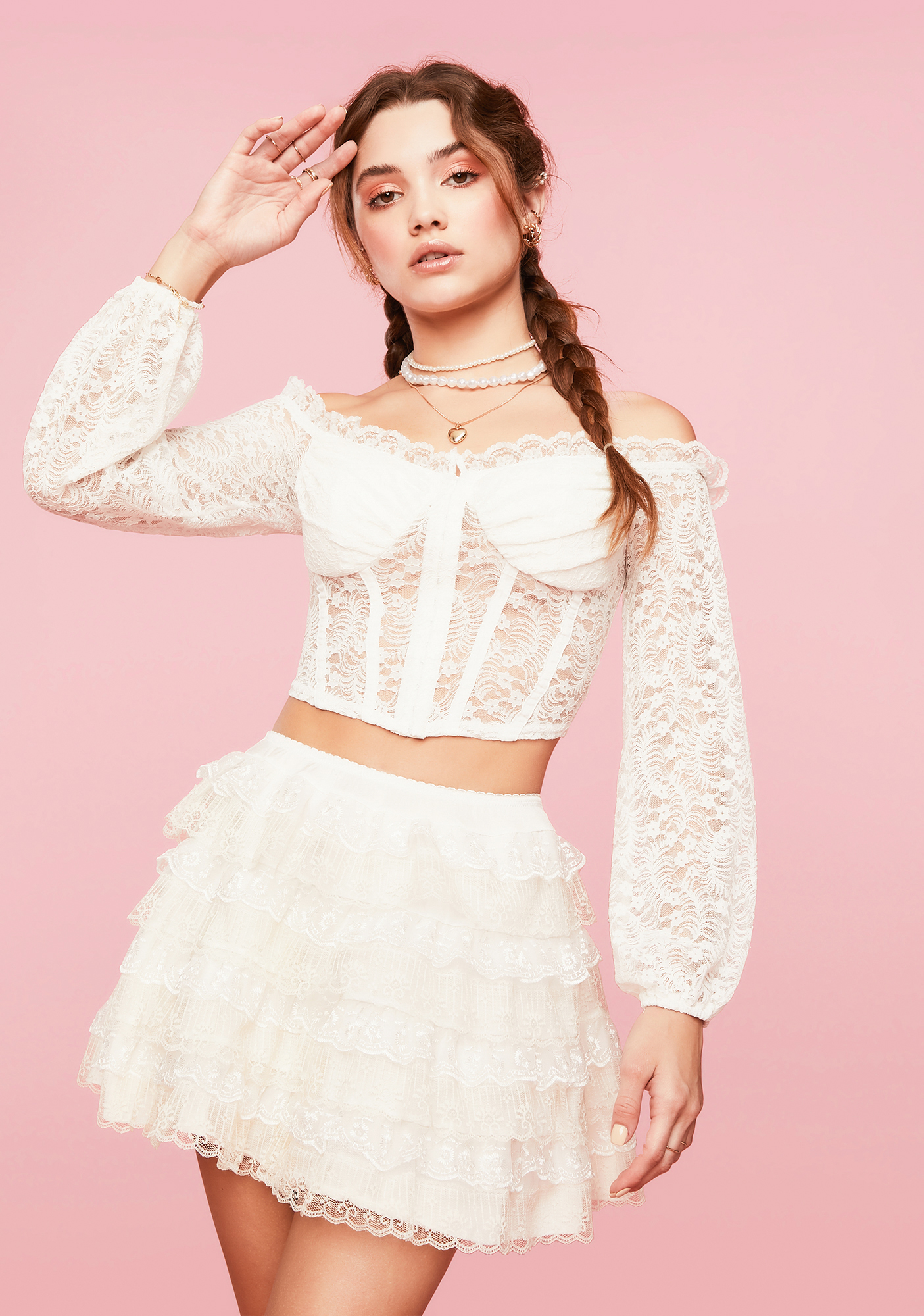 Sheer Lace Long Puff Sleeve Off Shoulder Top White Dolls Kill 2797