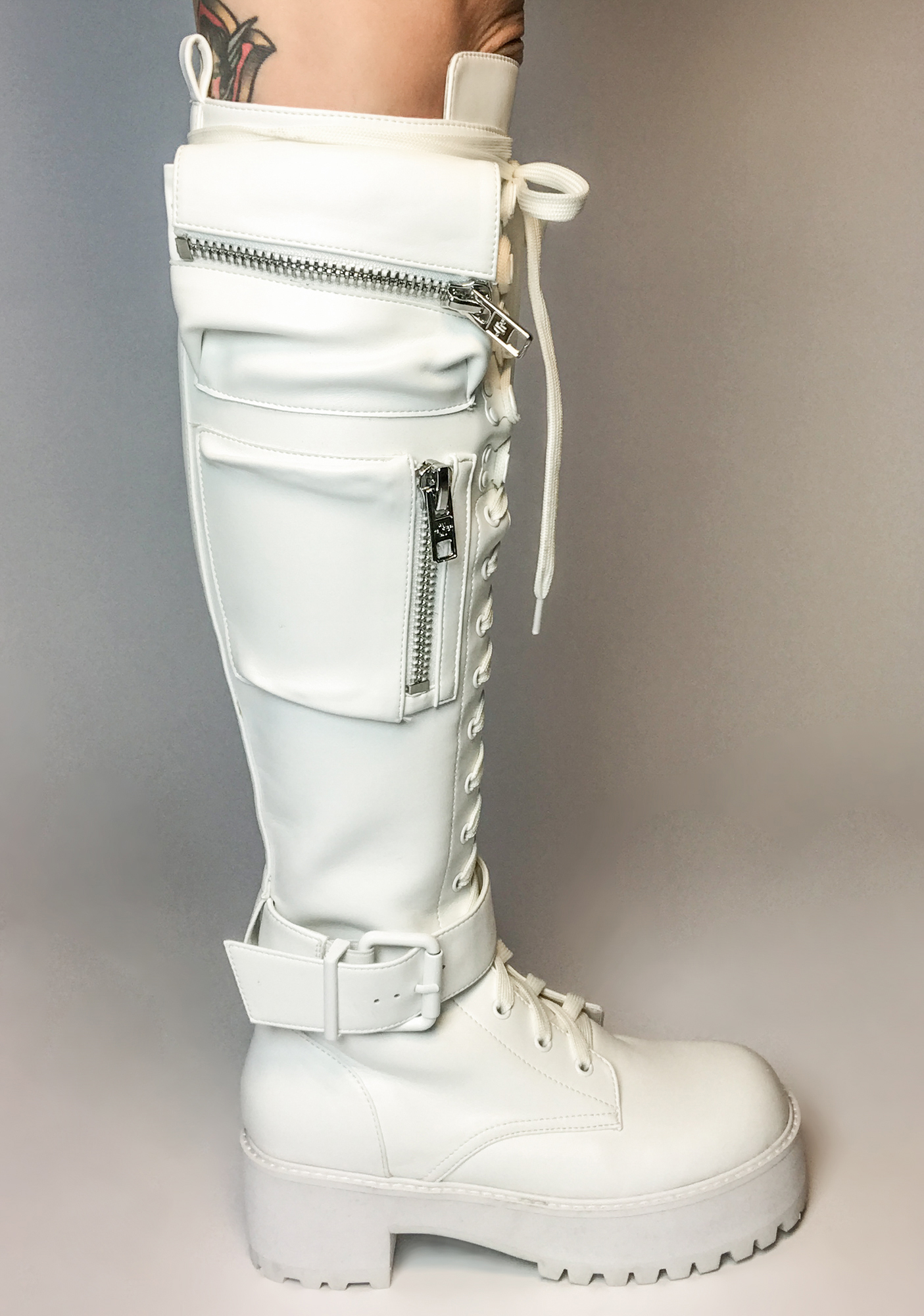 Current Mood Pocket Knee High Combat Boots White Dolls Kill 1176