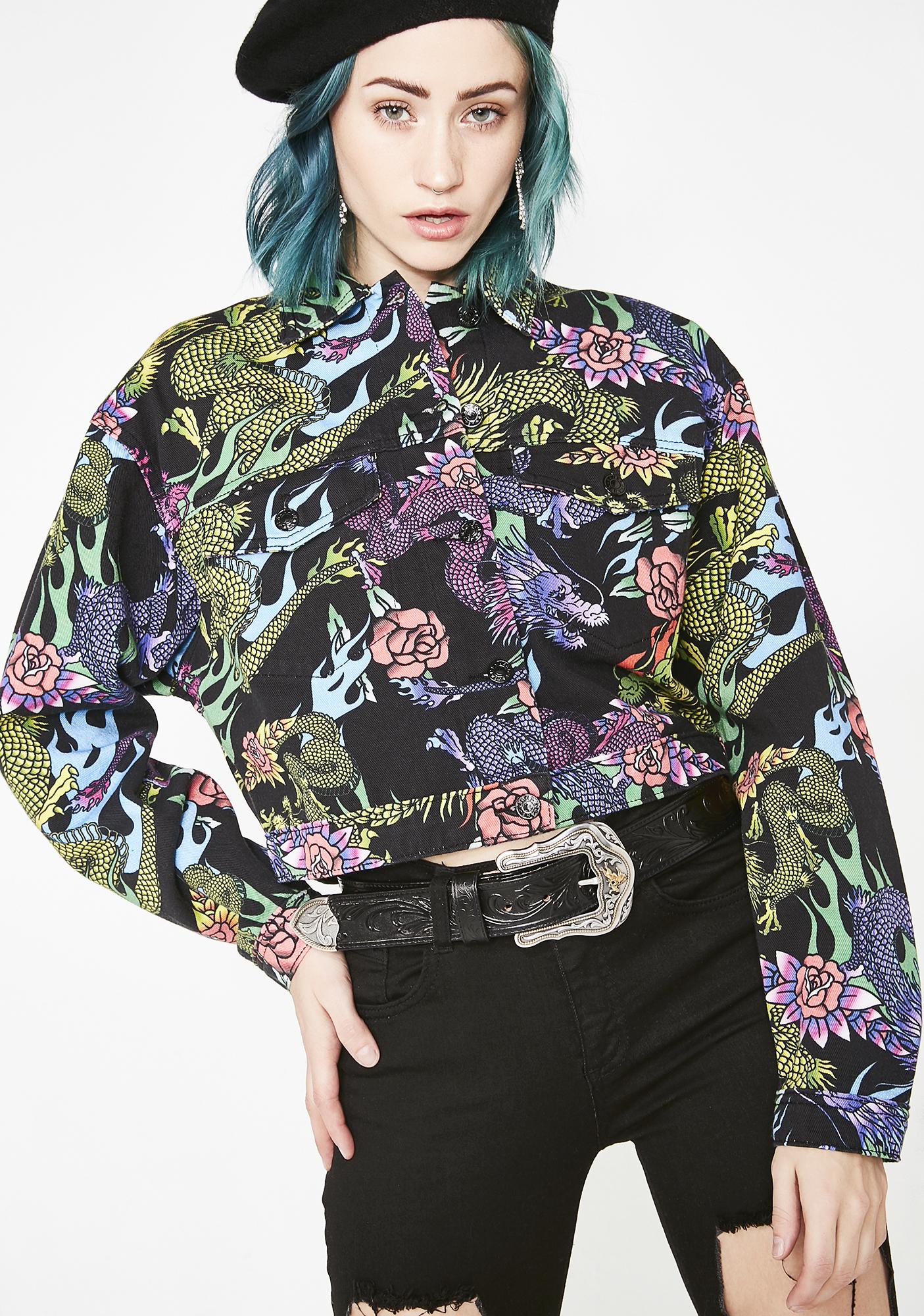 dragon print denim skirt