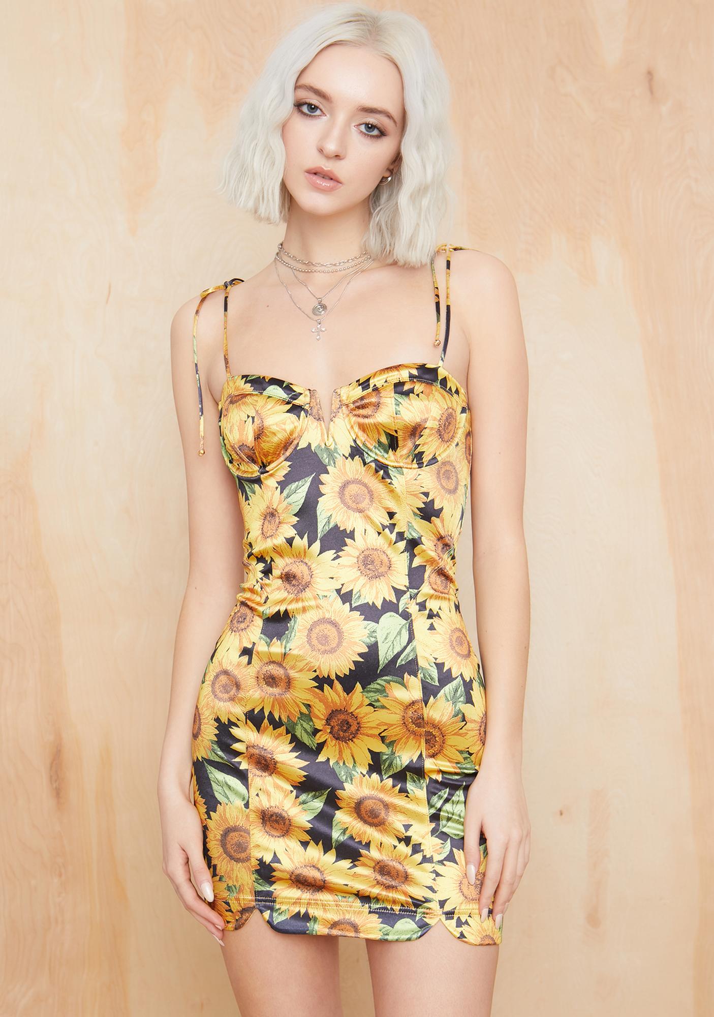 Current Mood Sunflower Print Corset Satin Dress - Yellow Black | Dolls Kill