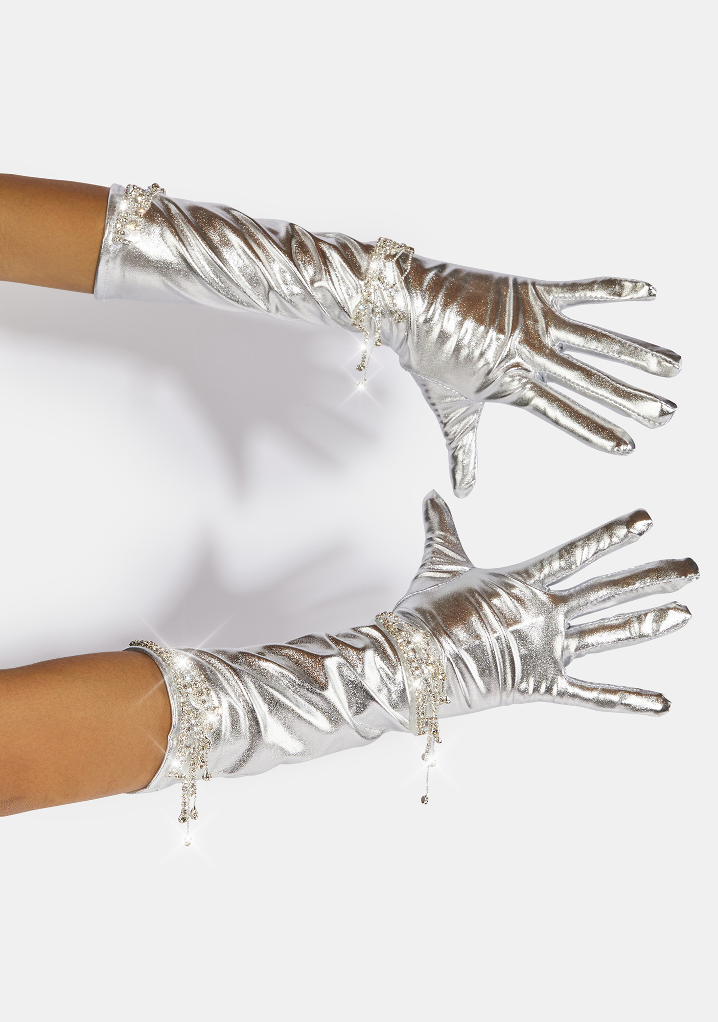 Metallic Long Gloves With Rhinestones Silver Dolls Kill
