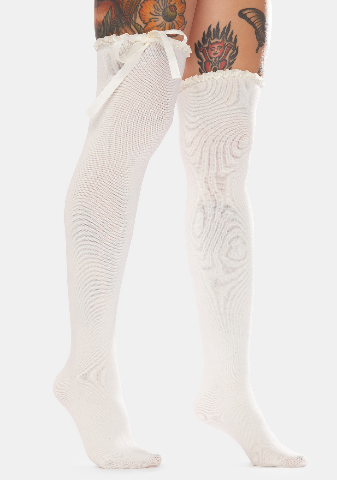 Ruffle Cuff & Satin Bow Thigh High Socks - White | Dolls Kill