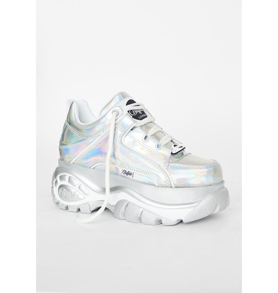 Buffalo London Holographic Silver Classic Low Leather Sneakers | Dolls Kill