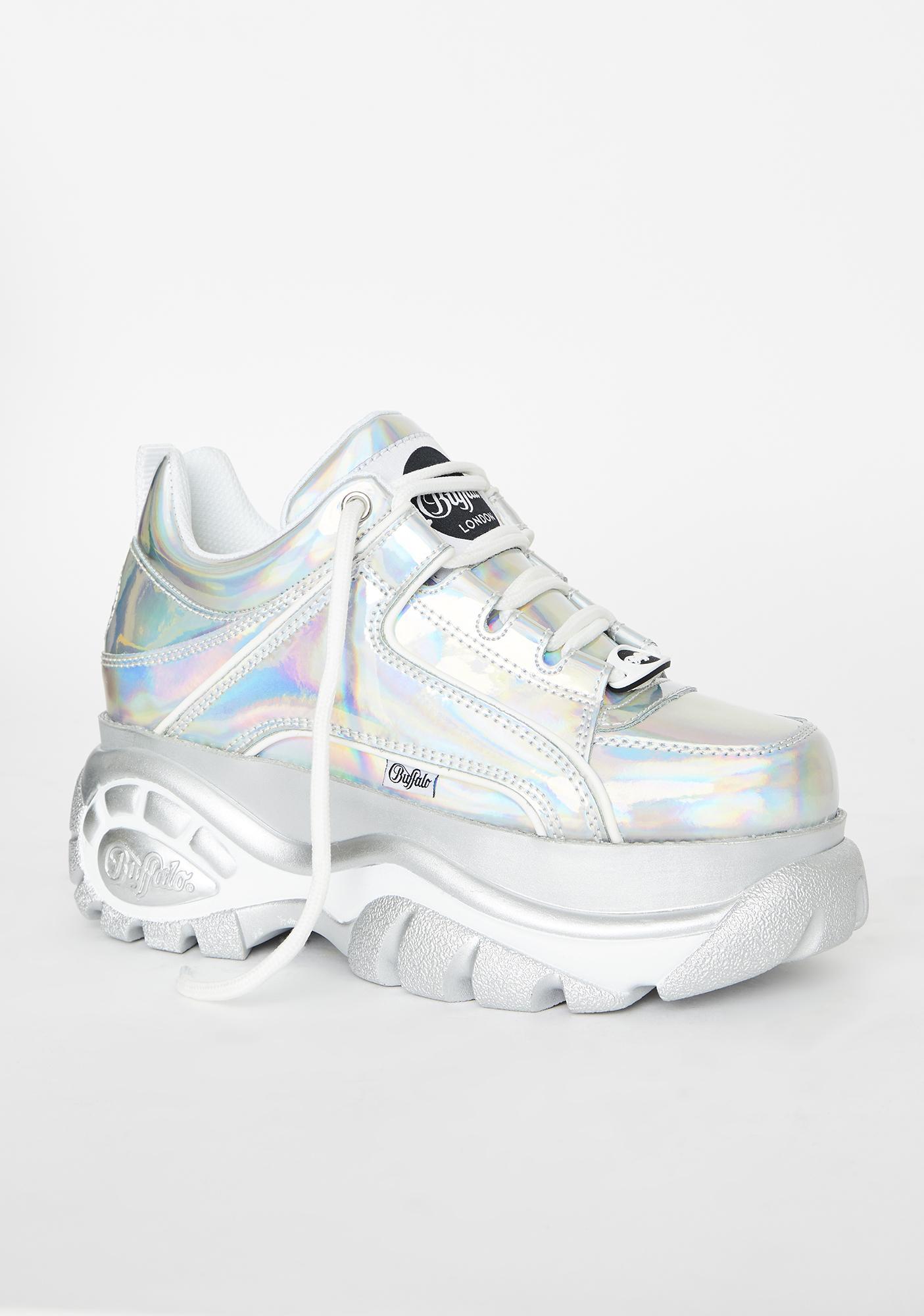 Buffalo London Holographic Silver Classic Low Leather Sneakers | Dolls Kill