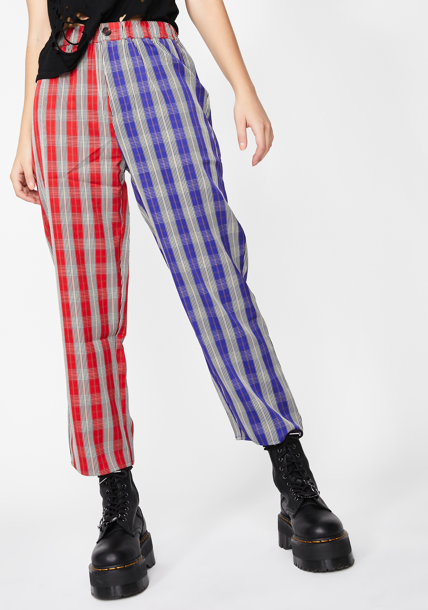 Split Tone High Waisted Plaid Pants Checkered Red Blue | Dolls Kill