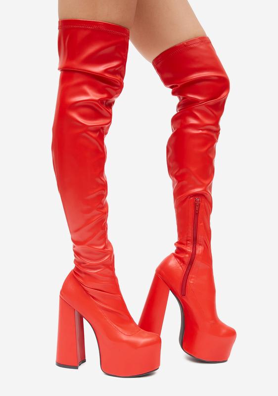 red knee high platform boots