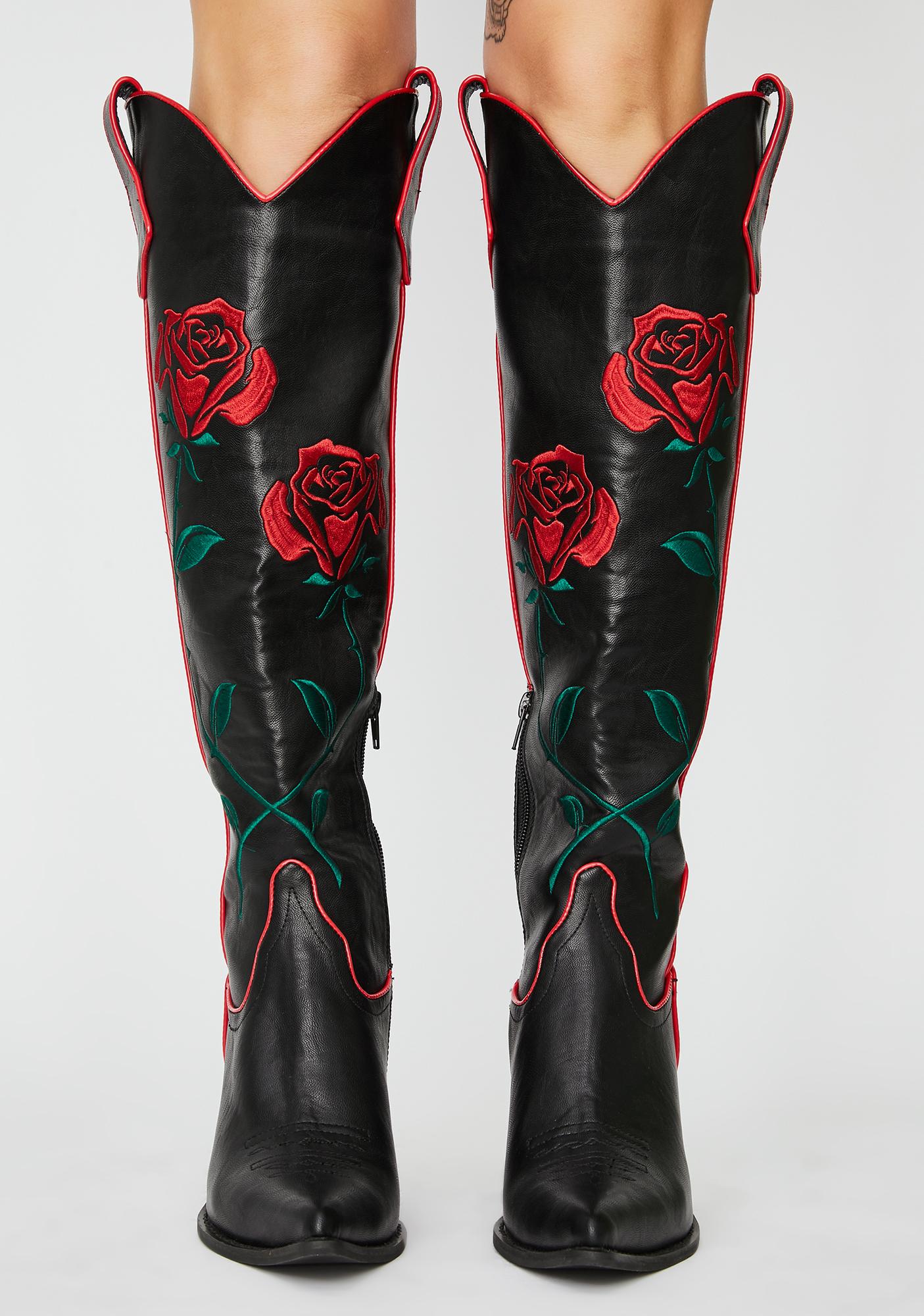 Current Mood Rose Cowboy Boots - Black | Dolls Kill