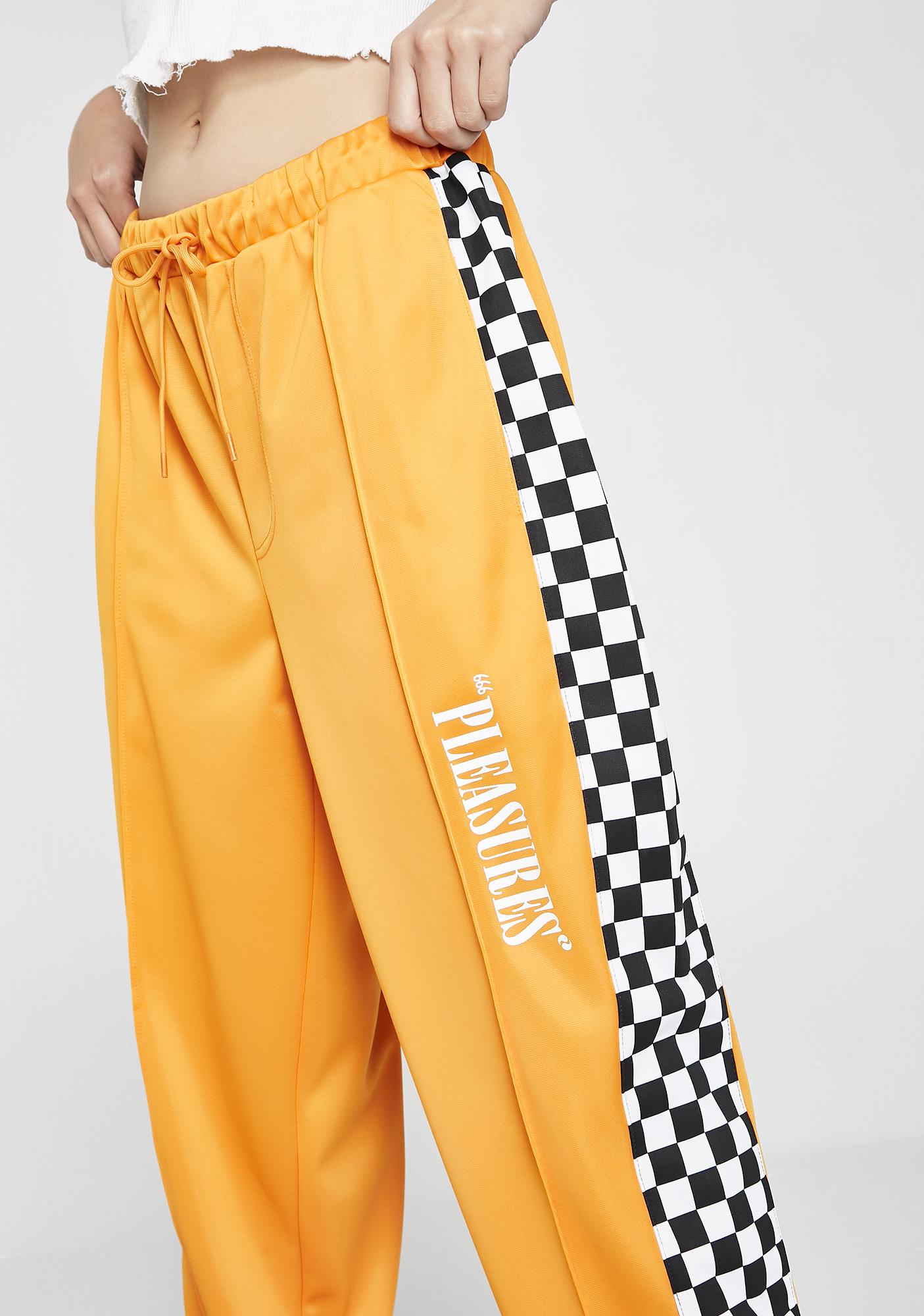 yellow pants with checkered stripe