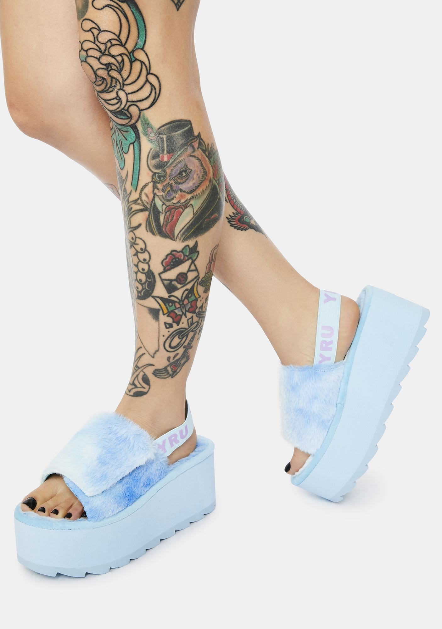 Y.R.U. Qozii Blue Tie Dye Faux Fur Platform Slides | Dolls Kill