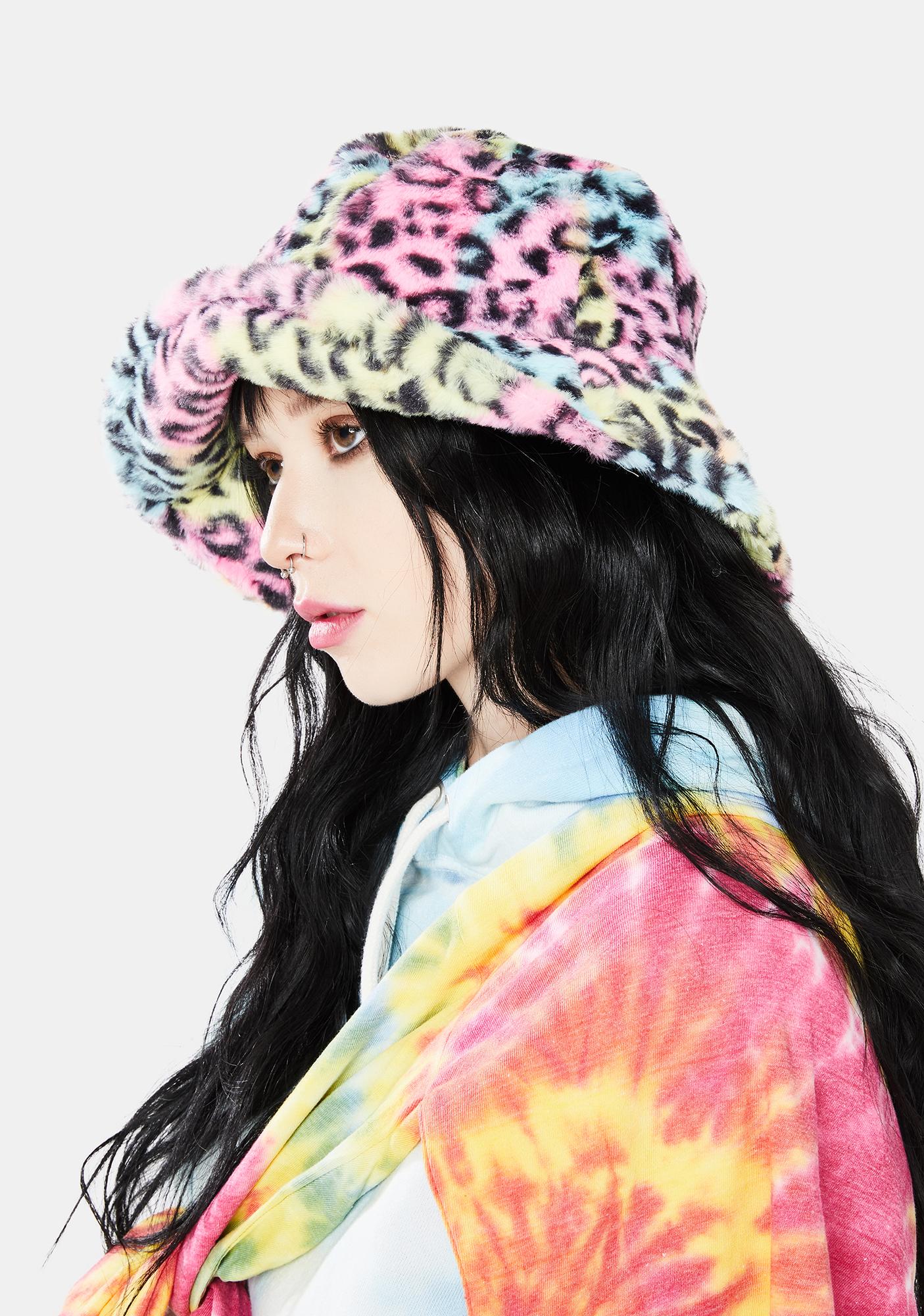 furry leopard print bucket hat