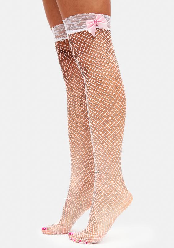 white fishnet socks with bow