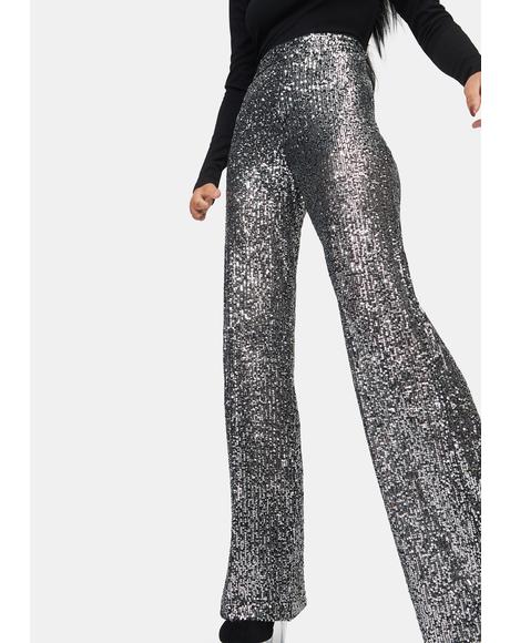 silver sequin wide leg trousers