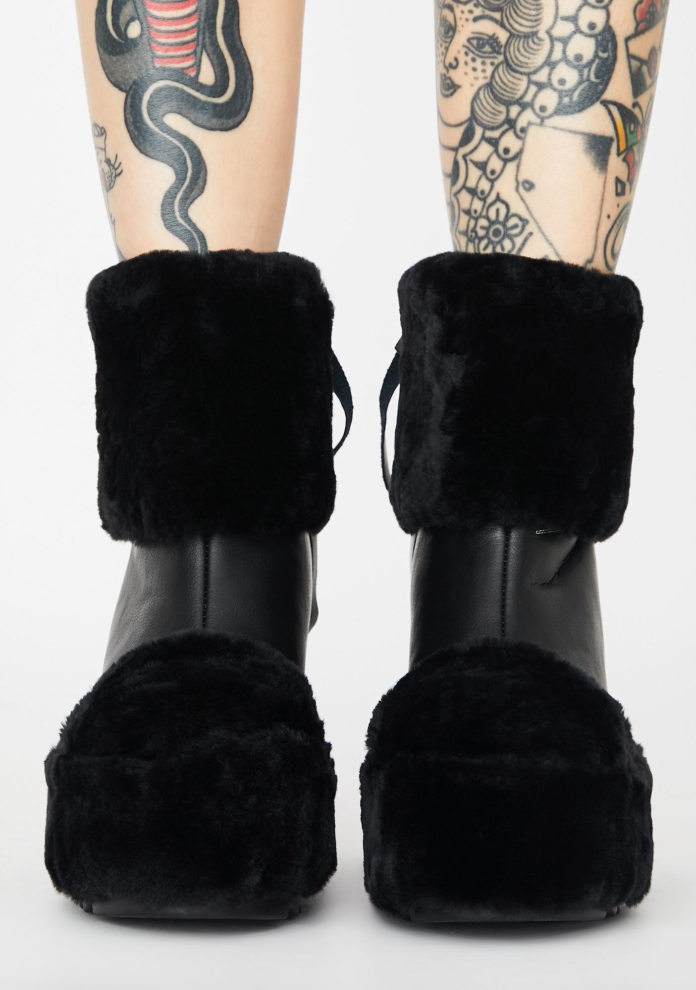 Fuzzy Trim Ankle Wedge Boots Vegan Leather | Dolls Kill