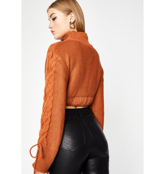 Cropped Cable Knit Turtleneck Sweater Rust Dolls Kill