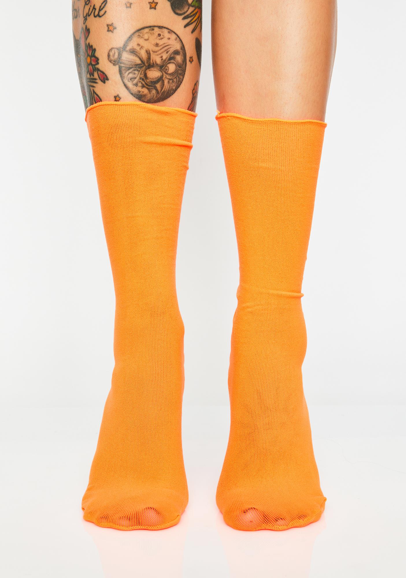 Sheer Crew Socks Neon Orange Dolls Kill