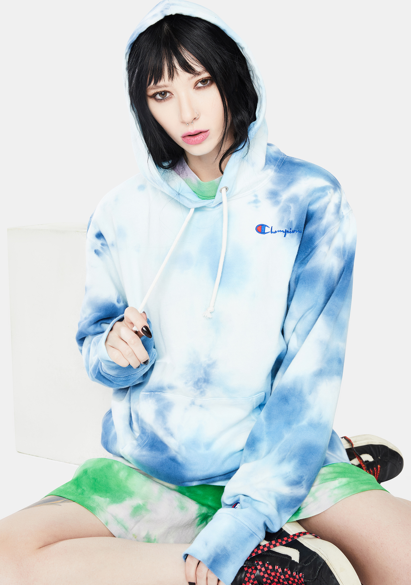 Champion sky blue & white tie dye oversized hoodi sale