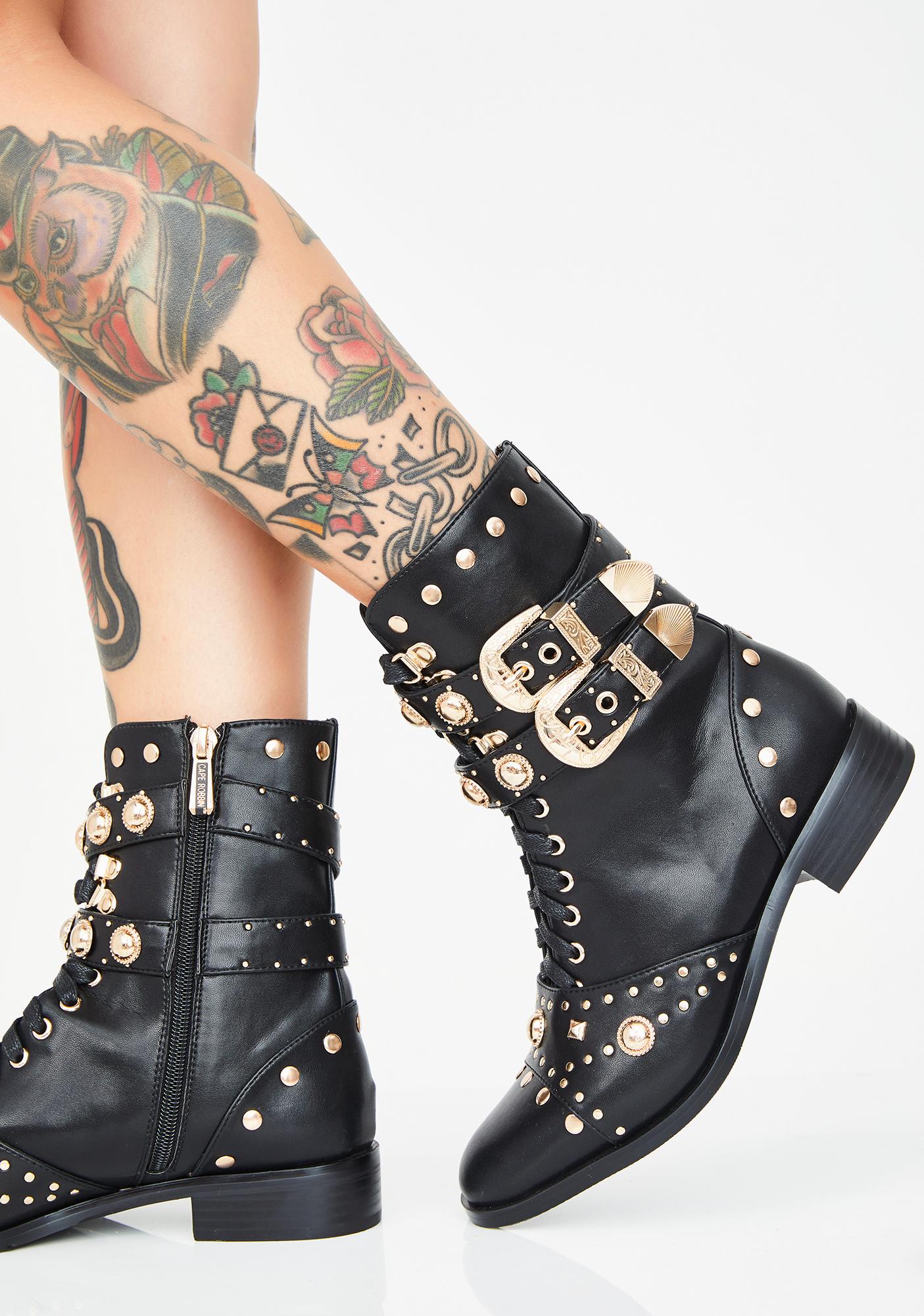 Gold Studded Combat Buckle Boots Black 