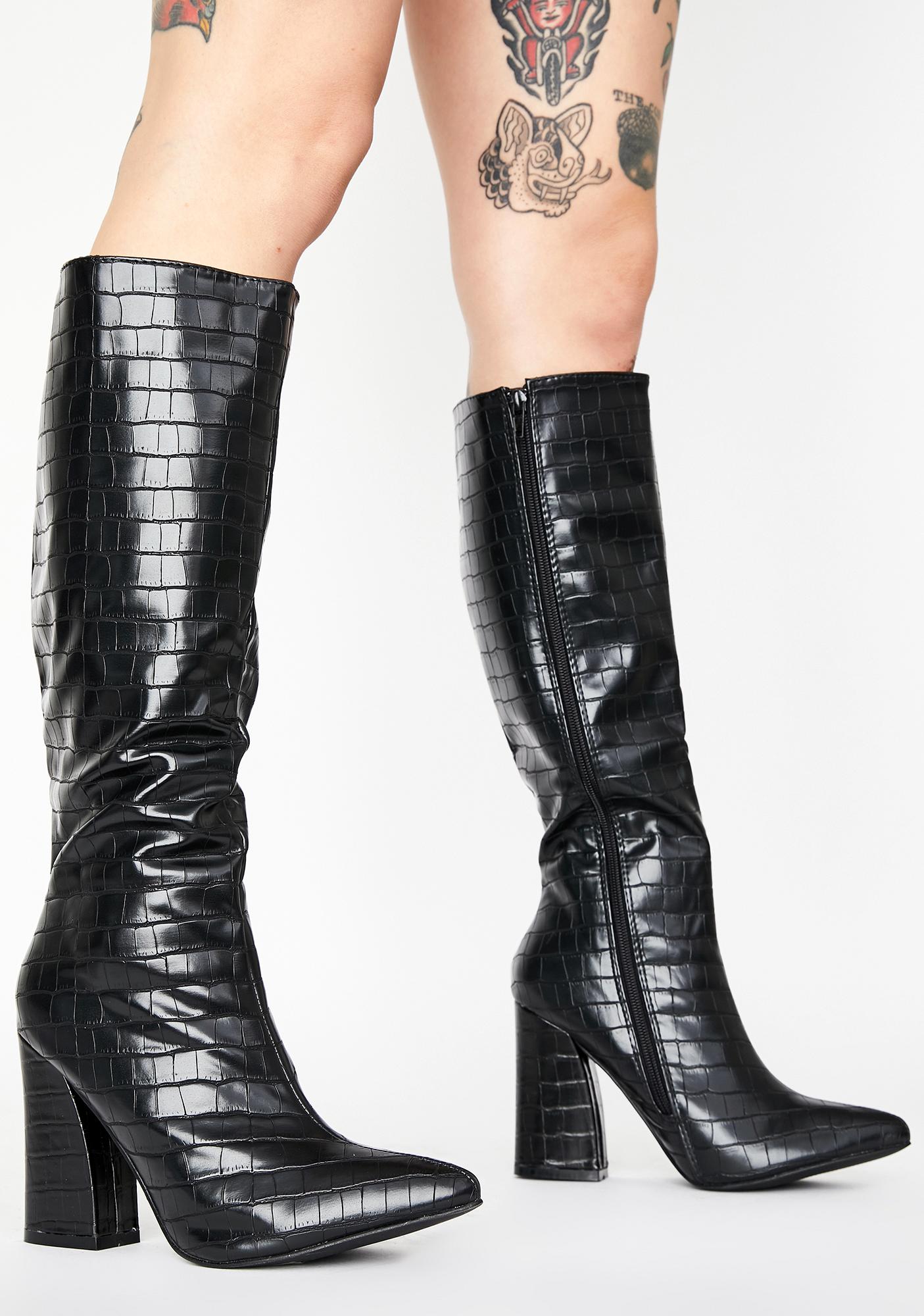 Crocodile Print Knee High Heeled Boots - Black | Dolls Kill