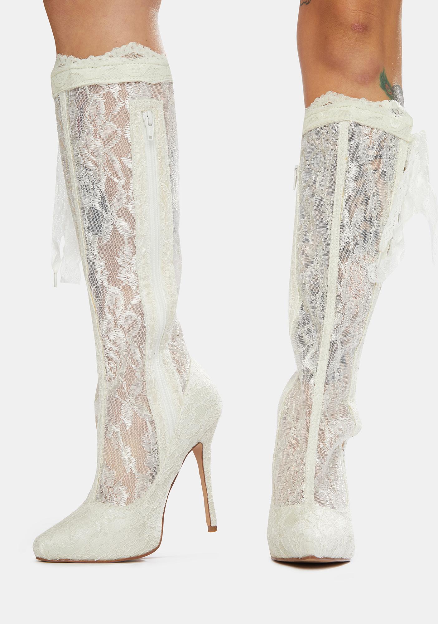 Pleaser Amuse 2012 Lace Up Knee High Boots - White | Dolls Kill