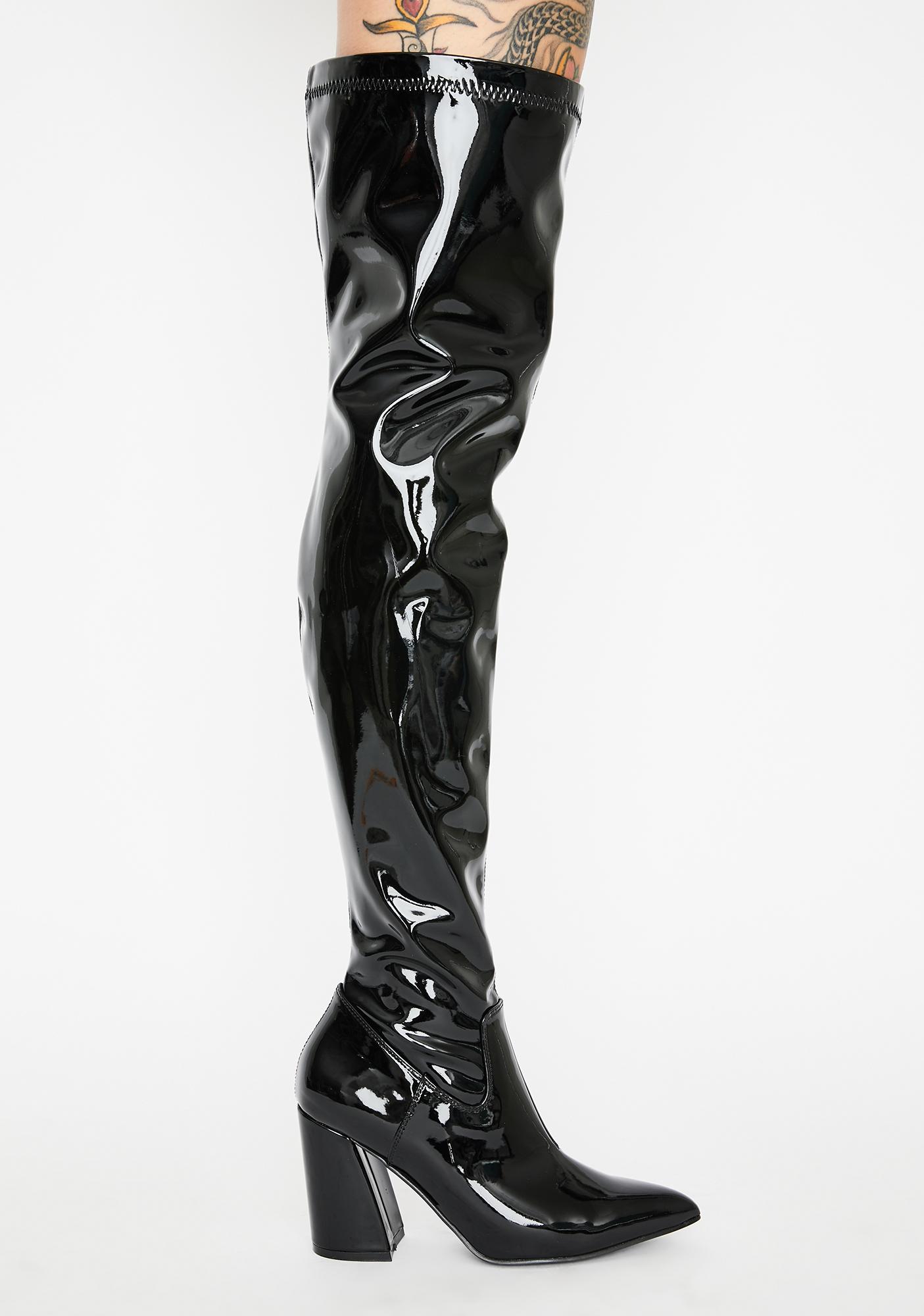 thigh high black patent leather boots