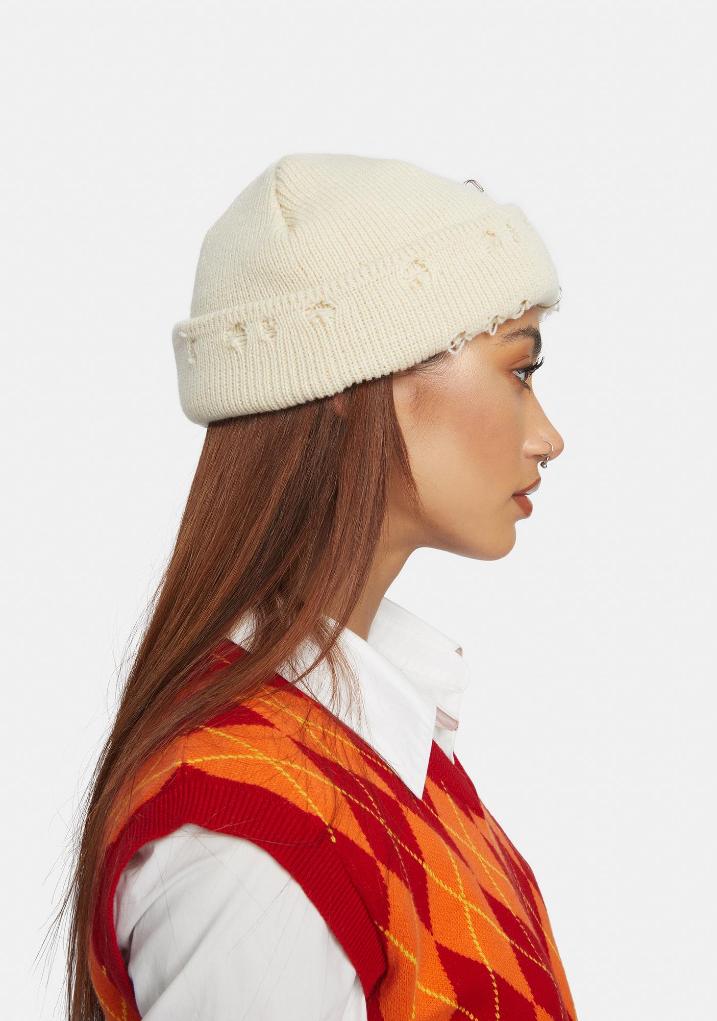 Distressed Knit Beanie With Safety Pin And O Ring Tan Dolls Kill