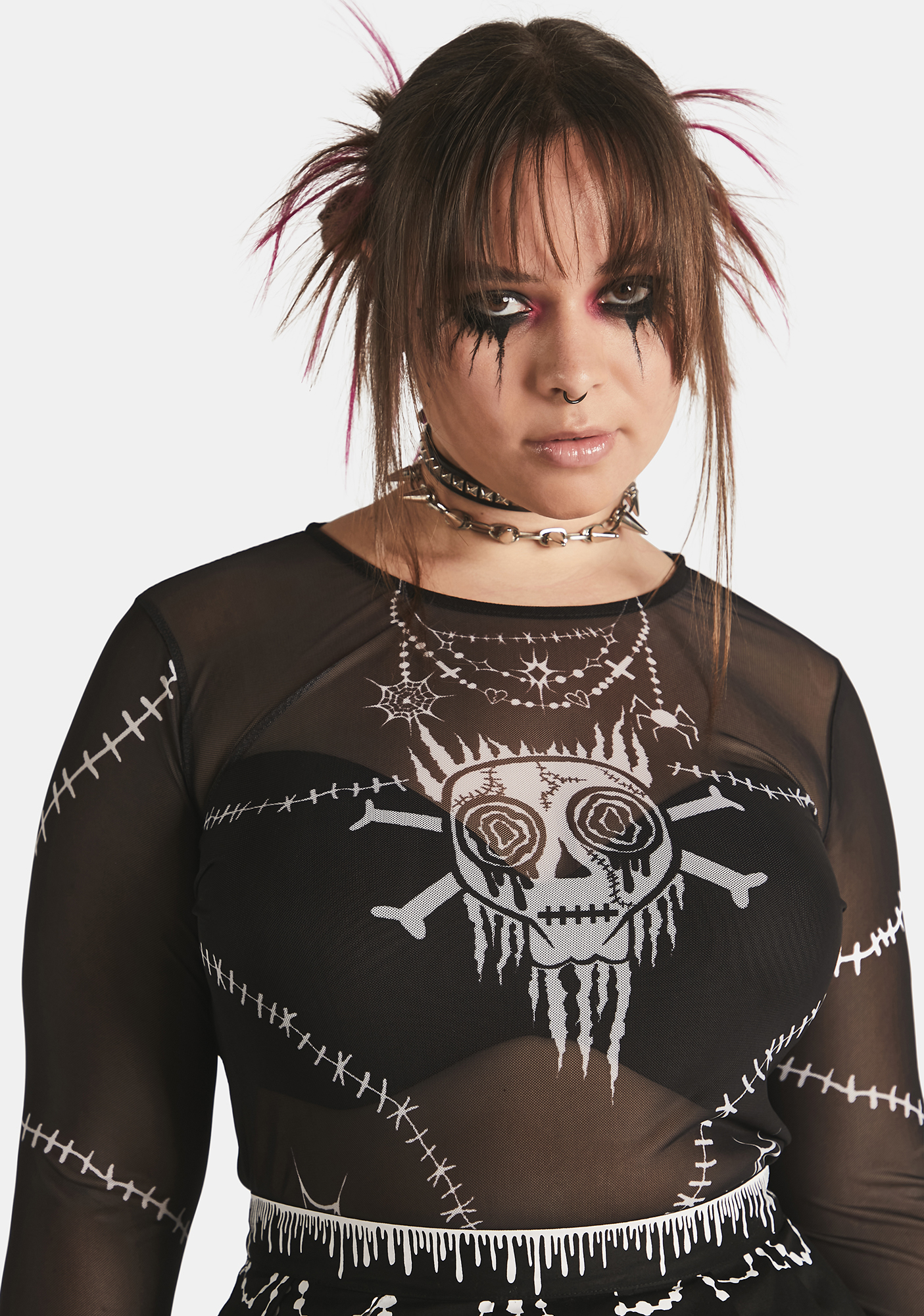 Plus Size Dolls Kill X Broken Brainz Skull Print Stitching Mesh Top