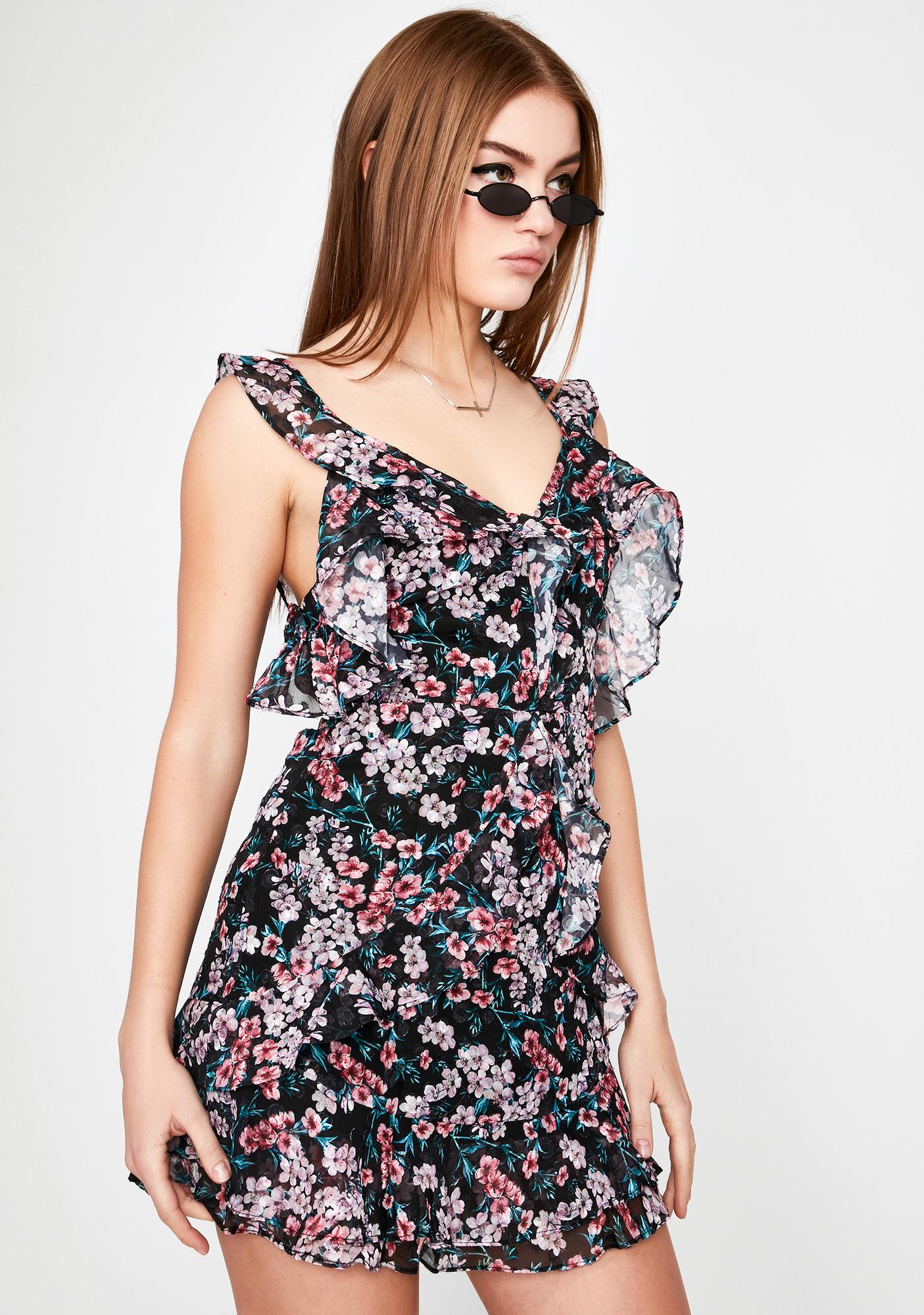 Floral Ruffle Sleeveless Mini Dress Sheer Open Back Black | Dolls Kill