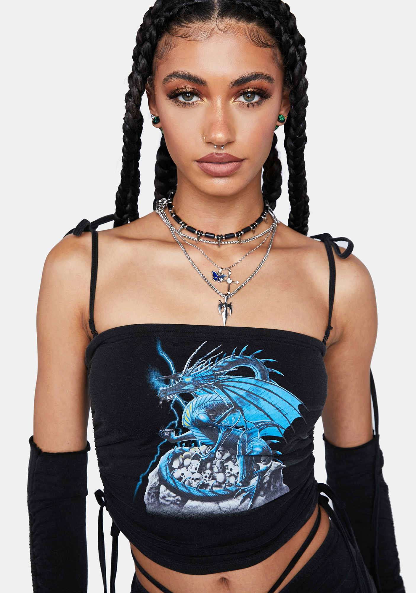 Dolls Kill X The Mountain Dragon Print Ruched Tube Top And Gloves Set Black Dolls Kill