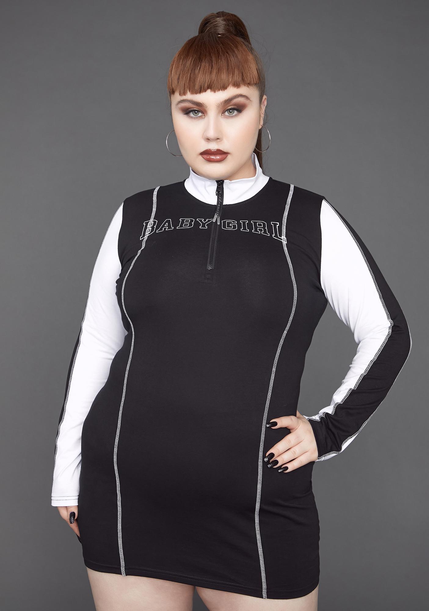 Plus Size Poster Grl Babygirl Athletic Zip Up Mini Dress Black/White Dolls Kill