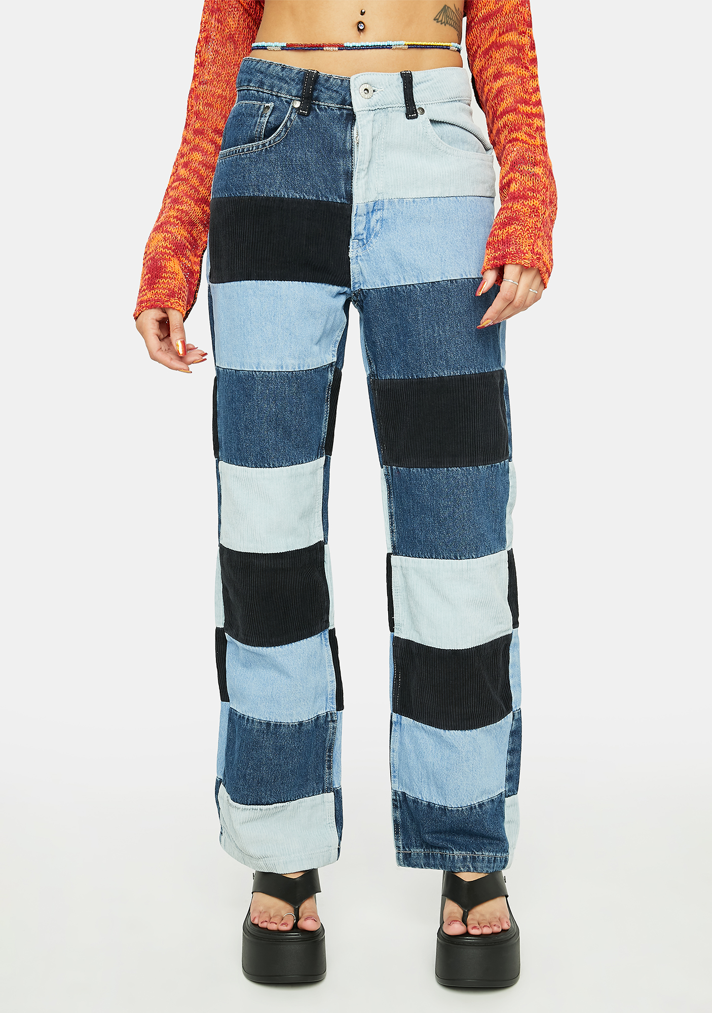 The Ragged Priest Denim Corduroy Patchwork Dad Jeans - Blue Multi ...