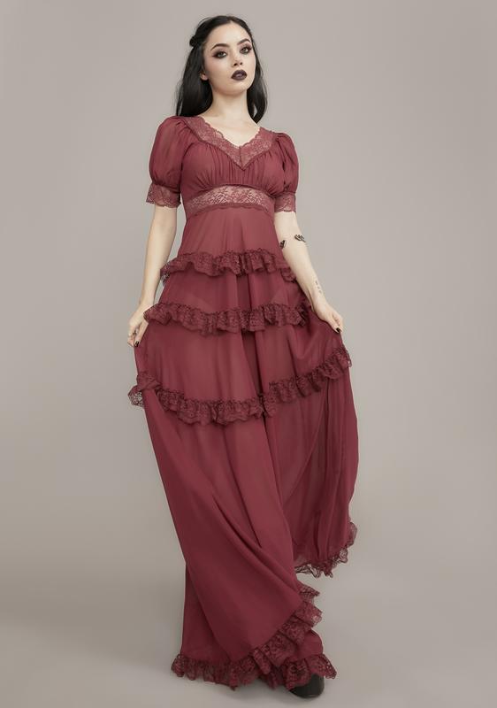 red chiffon ruffle layer maxi dress