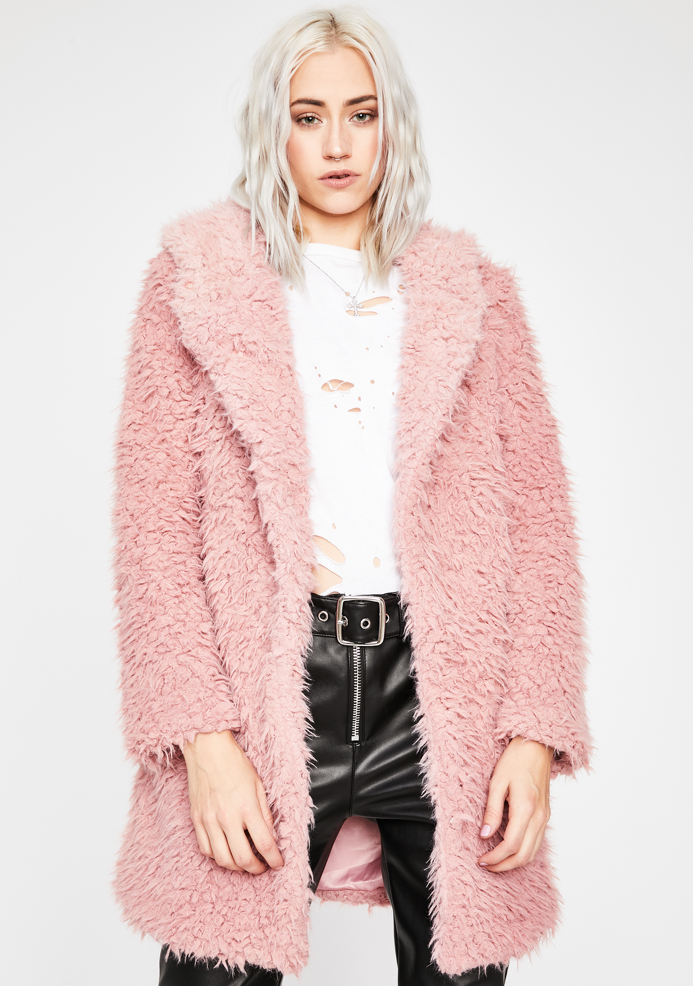 Fuzzy Faux Fur Hooded Coat Light Pink Dusty Rose | Dolls Kill